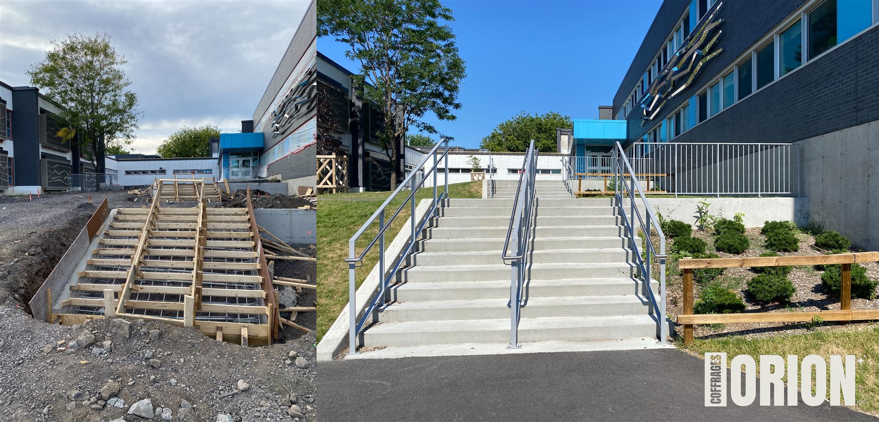 Escalier institutionnel en béton, avant et après