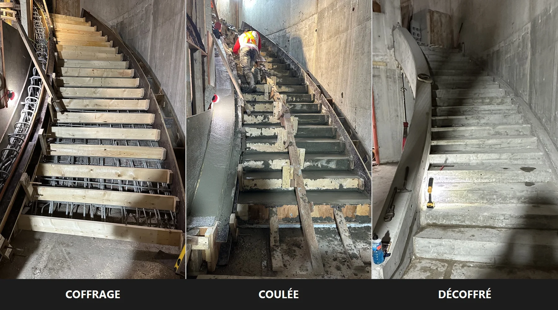 Coffrage, coulée et décoffrage d’un escalier en béton avec limon courbe